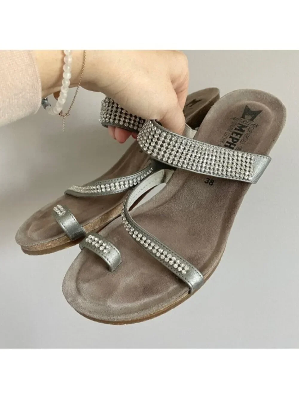 Mephisto Silver Rhinestone Leather Strap Wedge Milly Sandals - 38 / 7.5-8US